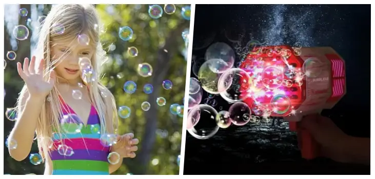 collage of a girl playing with bubbles and Bubblemi Blaster